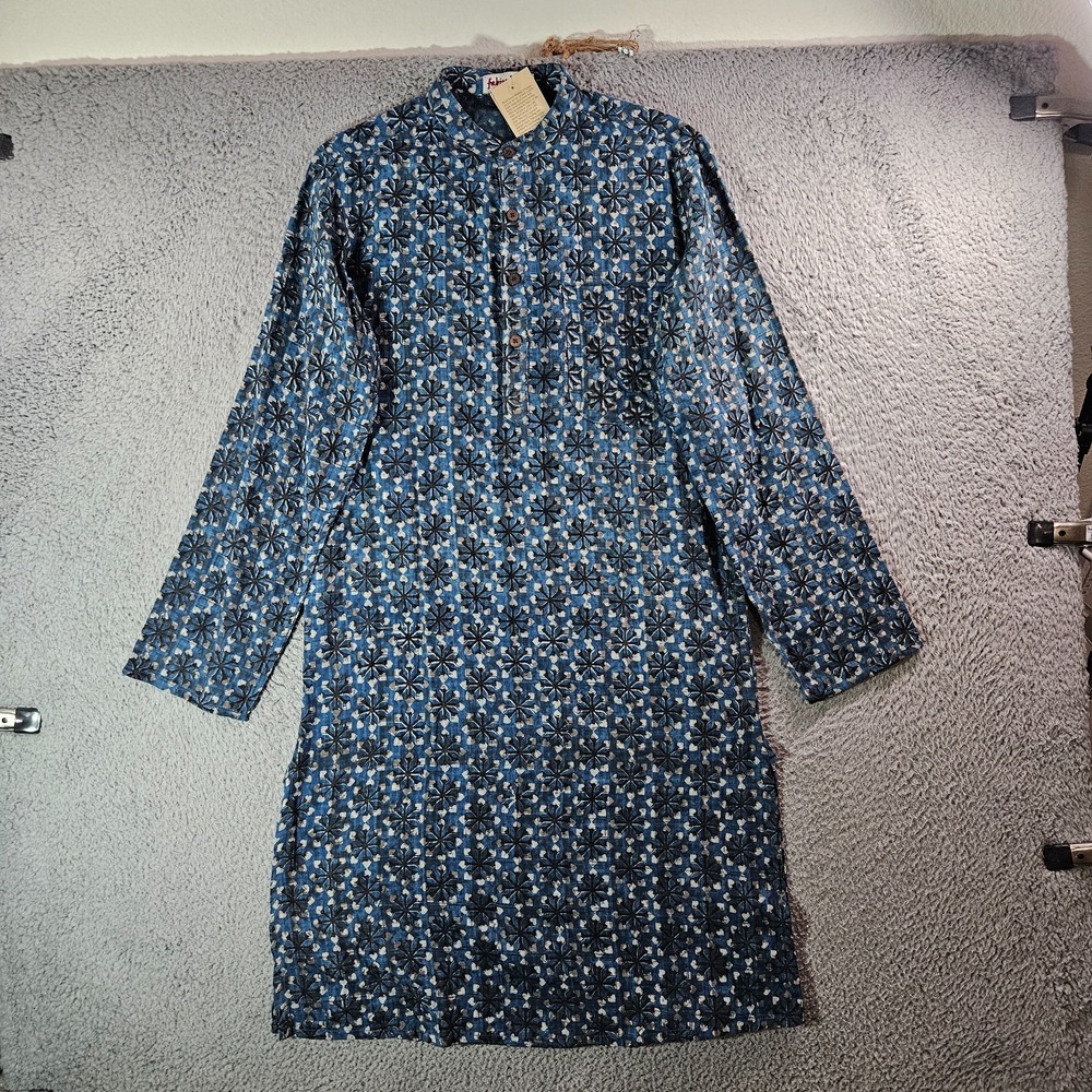 NEW Fabindia Tunic Dress Women XS Slim Fit Long Sleeve Geometric Black Gray Blue